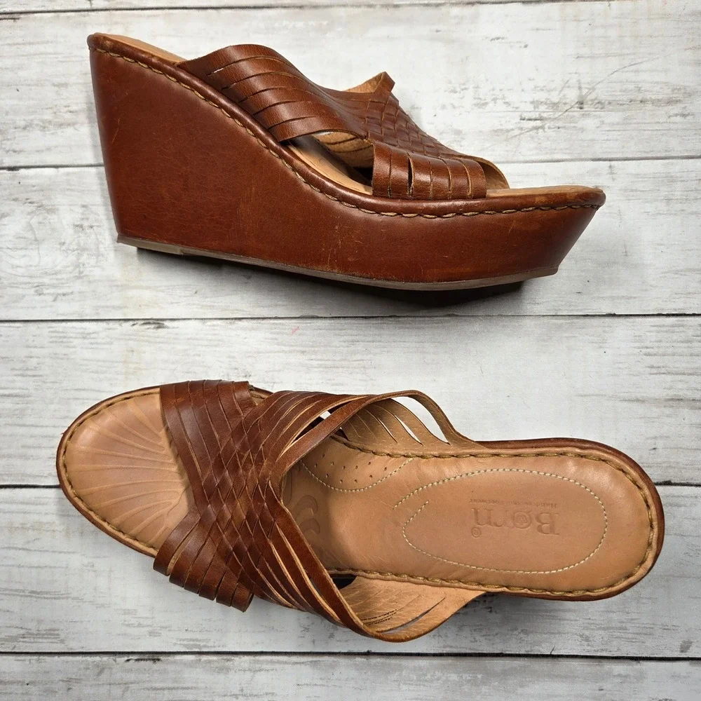 Born‎ Woven Leather Wedge Platform Sandals Womens 10M Brown Strappy Mules D63216